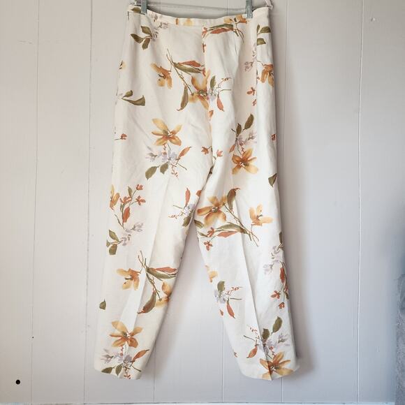 Annie Alexander Floral Wide Leg Hise Rise Linen Pants 14 Cream Orange Trousers - Picture 7 of 9